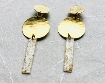 Clip-on, Clear Acrylic Gold Foil Bar Aluminum and Brass Earrings