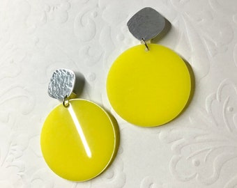 Clip-on Bright Yellow Acrylic and Silver Aluminum Circle Earrings