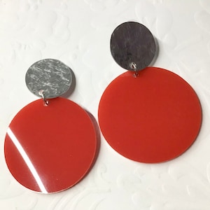 Clip-on Red Acrylic and Silver Aluminum Circle Earrings