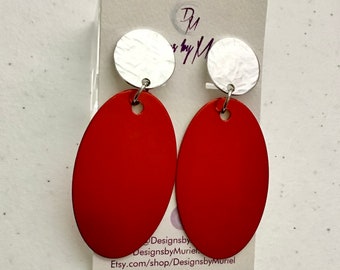 Clip on Red and Silver Oval Aluminum Earrings, Graduation Gift Idea