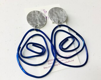 Clip on Blue and Silver Textured, Flat Hammered, Open Swirl Circle Earrings, Graduation Gift Idea