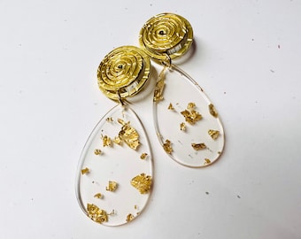 Clip-on, Clear Acrylic Gold Foil Teardrop and Aluminum Earrings