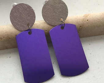 Clip-on purple/silver textured Geometric Earrings, Graduation Gift Idea