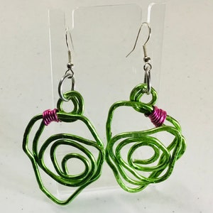 Aluminum Hammered Wire Freeform Earrings, AKA Earrings, Pink and Green, AKA Gifts, Gift for Her, Graduation Gift Idea image 1