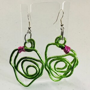 Hammered Aluminum Wire Earrings: Pink and Green Freeform Design, AKA
