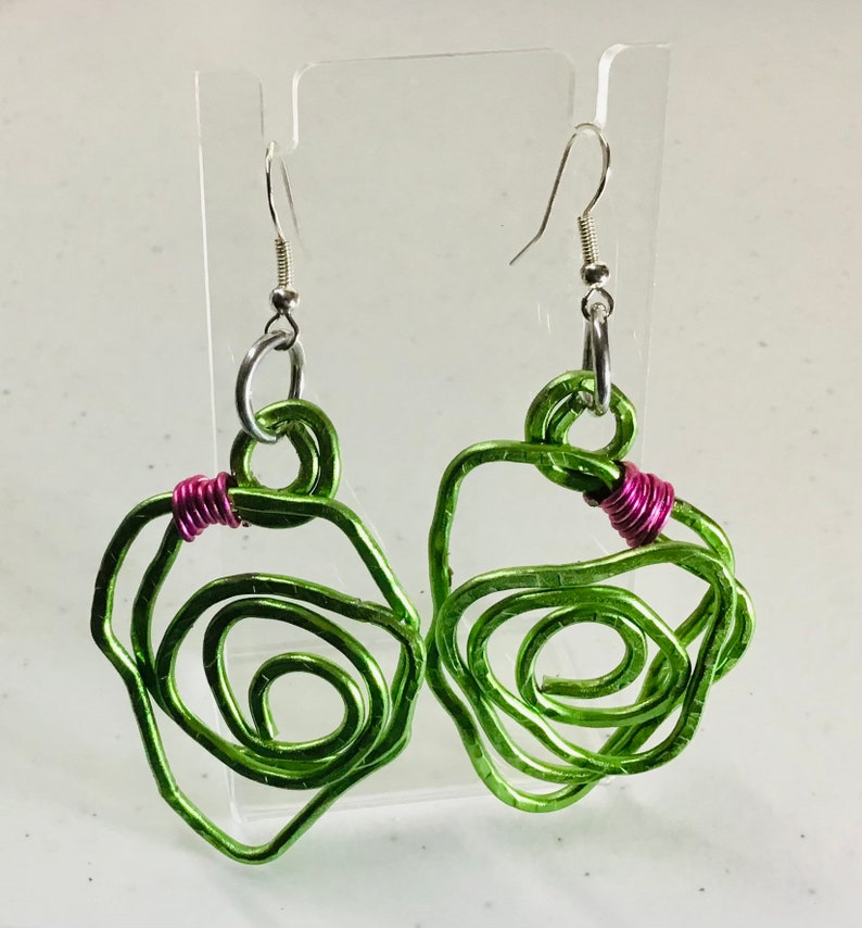 Aluminum Hammered Wire Freeform Earrings, AKA Earrings, Pink and Green, AKA Gifts, Gift for Her, Graduation Gift Idea image 1