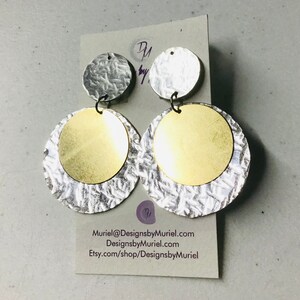 Clip-on Hand Textured Aluminum and Brass Circle Earrings, Mothers Day Gift Idea image 6