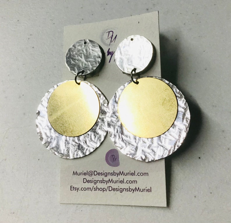 Clip-on Hand Textured Aluminum and Brass Circle Earrings, Mothers Day Gift Idea image 6