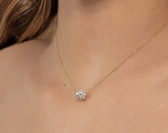 1CT 6 Prong Round Moissanite Pendant Necklace, Sparkling 1 Carat moissanite Necklace, Dainty Gold Diamond Necklace, Bridal Jewellery