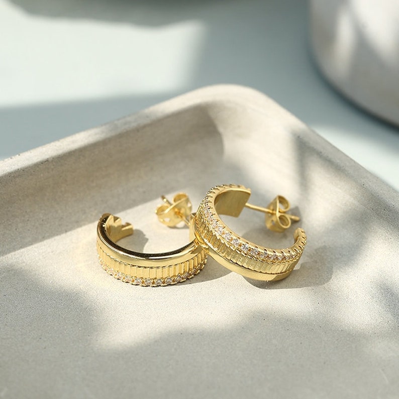 Dainty Double Layer Gold Hoop, Simple Gold Hoop, Delicate Pave Gold Hoop, Statement Earrings image 4