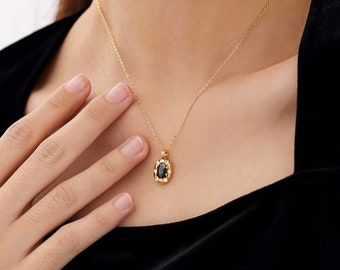 Zierliche schwarze Onyx Gold Halskette, Zierliche schwarze Edelstein Charm Halskette, Oval Charm Halskette, Oval schwarze Onyx Halskette, Geschenk für sie