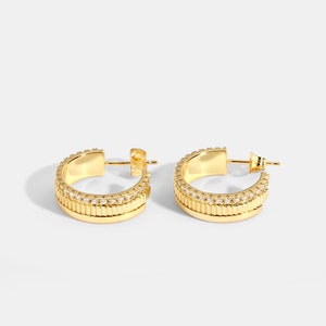 Dainty Double Layer Gold Hoop, Simple Gold Hoop, Delicate Pave Gold Hoop, Statement Earrings image 5