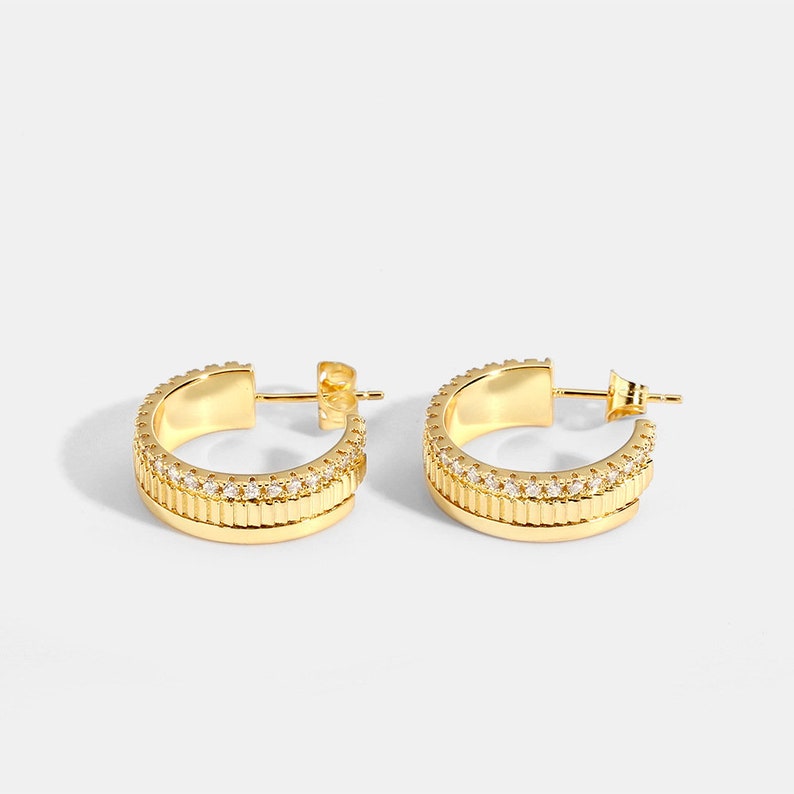 Dainty Double Layer Gold Hoop, Simple Gold Hoop, Delicate Pave Gold Hoop, Statement Earrings image 5