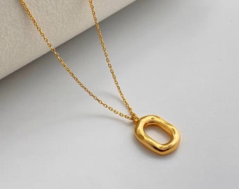 Dainty Oval Ring Pendant 18K Gold Necklace, Oval Shape Silver Necklace, 925 Sterling Irregular Silver Necklace,  Oval Gold Necklace, 5B