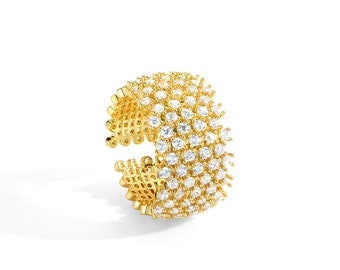 Clear Cubic zirconia pave wide band gold ring, Pave CZ band Ring, Open end thick gold ring