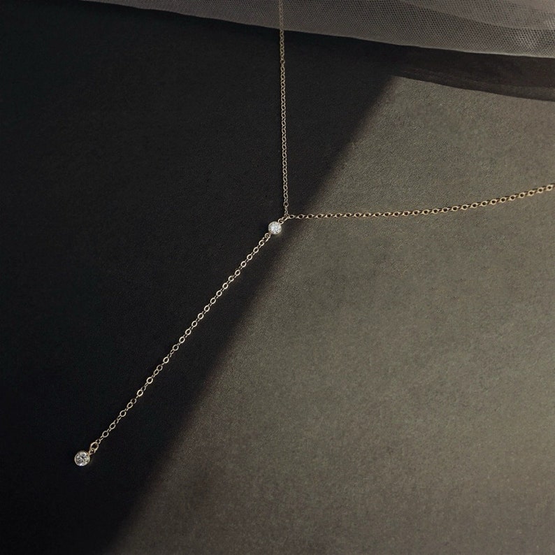 Dainty 14K Gold Lariat Necklace, Y Necklace Sterling Silver with CZ stone, Dainty Long Gold Necklace, Delicate Bridal necklace image 4