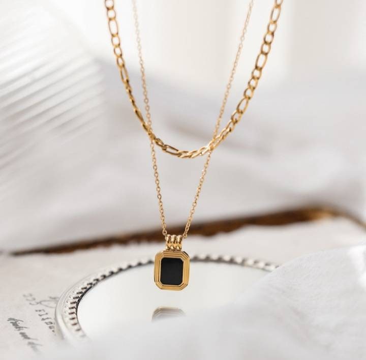 Black Onyx Pendant Necklace Onyx Necklace and Figaro Chain Layering Layered Necklace Set,Rectangle Onyx Pendant,18K Gold Filled Water Safe