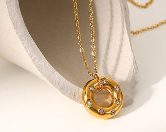 Gold Circle Charm Necklace, Thick Circle Pendant Pave with CZ stone, Waterproof necklace, Gift for Women