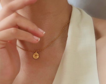 Gold Round Pendant Necklace, Dainty Sun Necklace, Simple Gold Disc Pendant, Waterproof, Gift for Her