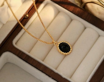 Black Onyx Gold Necklace, Oval Charm Necklace, Dainty Black Pendant Necklace, Gift for her, 5B
