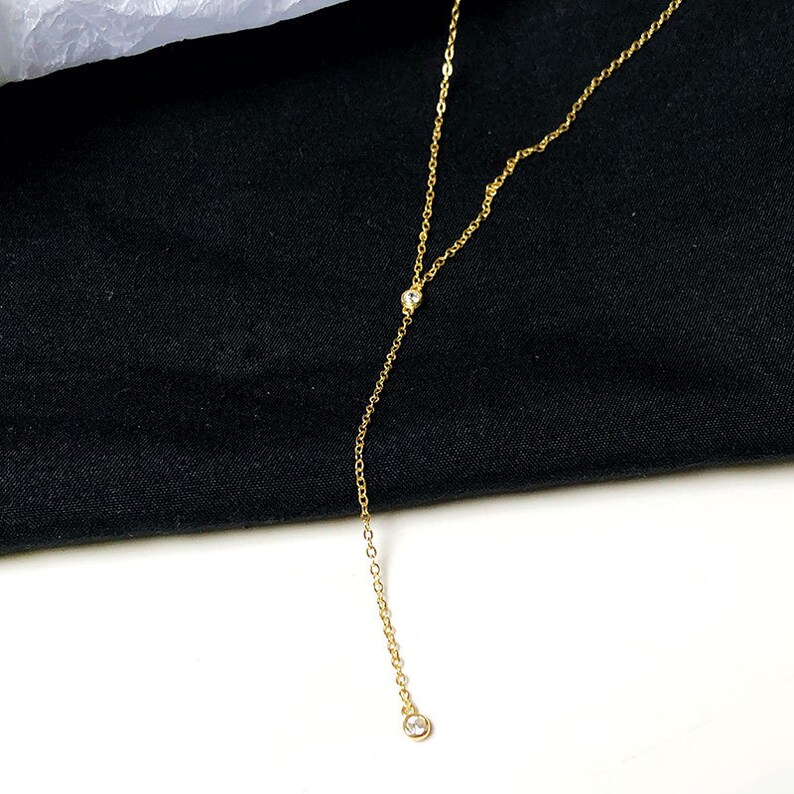 Dainty 14K Gold Lariat Necklace, Y Necklace Sterling Silver with CZ stone, Dainty Long Gold Necklace, Delicate Bridal necklace image 8