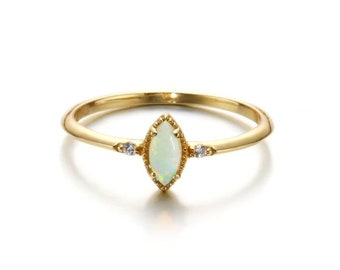 Name Engraved Natural Opal ring in Solid Gold, Dainty Marquise Opal Ring, anniversary gift for her, personalized name ring