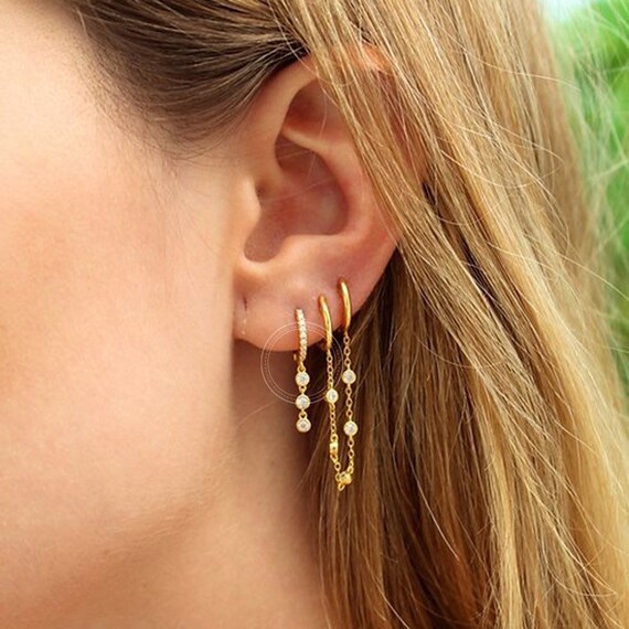 Simple Dangle Hoop Earring Gold Dangle Hoop Earrings With CZ