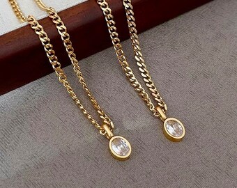 Women Cuban Link Chain Gold Necklace, Oval CZ stone gold necklace, Women Cuban Necklace, CZ Stone Cuban necklace, Gift for her