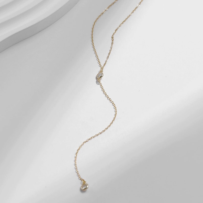 Dainty 14K Gold Lariat Necklace, Y Necklace Sterling Silver with CZ stone, Dainty Long Gold Necklace, Delicate Bridal necklace image 5