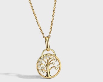 Tree of Life Gold Necklace with CZ stones, 18K Gold on Brass Gold Tree of life pendant, Waterproof, Gift for her