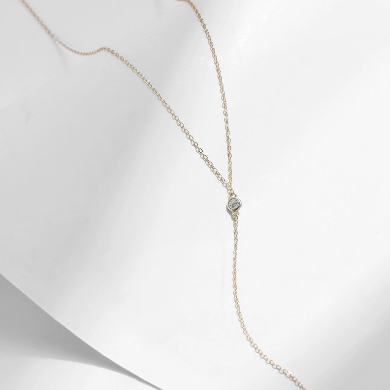 Dainty 14K Gold Lariat Necklace, Y Necklace Sterling Silver with CZ stone, Dainty Long Gold Necklace, Delicate Bridal necklace image 6