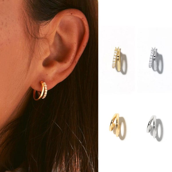 Dainty Double Gold Hoop, Simple Gold Hoop, Delicate Pave Gold Hoop,  Double Huggie Hoop, Double circle earrings, 1A