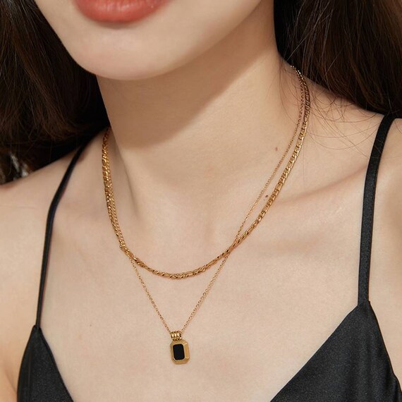 Black Onyx Pendant Necklace Figaro 