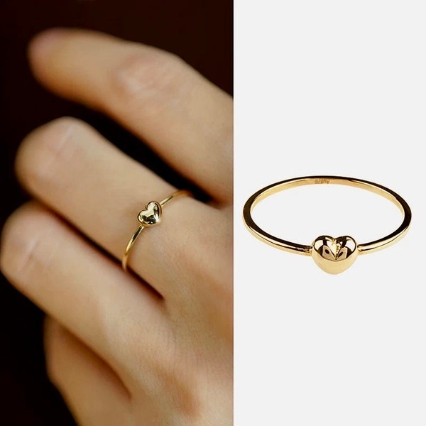 Delicato anello con ciondolo a cuore in oro 14K, semplice anello a cuore in oro, anello di promessa impilabile, anello in oro sottile, piccolo anello a cuore, regalo per lei
