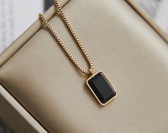 Black Pendant Necklace, Onyx Necklace, Rectangle Pendant Necklace,  Gold Box Chain Necklace , Gift for her