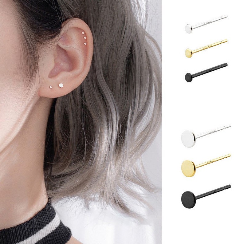 Tiny Flat Round Studs earrings, Light sterling Silver studs, sleep in small Stud Earring, Flat Round Black Stud image 1