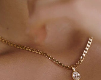 Cadena cubana con colgante, collar cubano de oro con colgante CZ, collar de cadena cubana de mujer de 8 mm, cadena cubana de oro con encanto ovalado