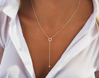 18K Gold Lariat Necklace, Dainty Circle Drop Gold Necklace, Delicate Long Bridal necklace, Y Necklace 925 Sterling Silver with CZ stone, 6A