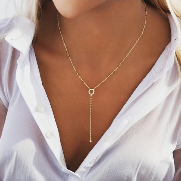 18K Gold Lariat Necklace, Dainty Circle Drop Gold Necklace, Delicate Long Bridal necklace, Y Necklace 925 Sterling Silver with CZ stone, 6A