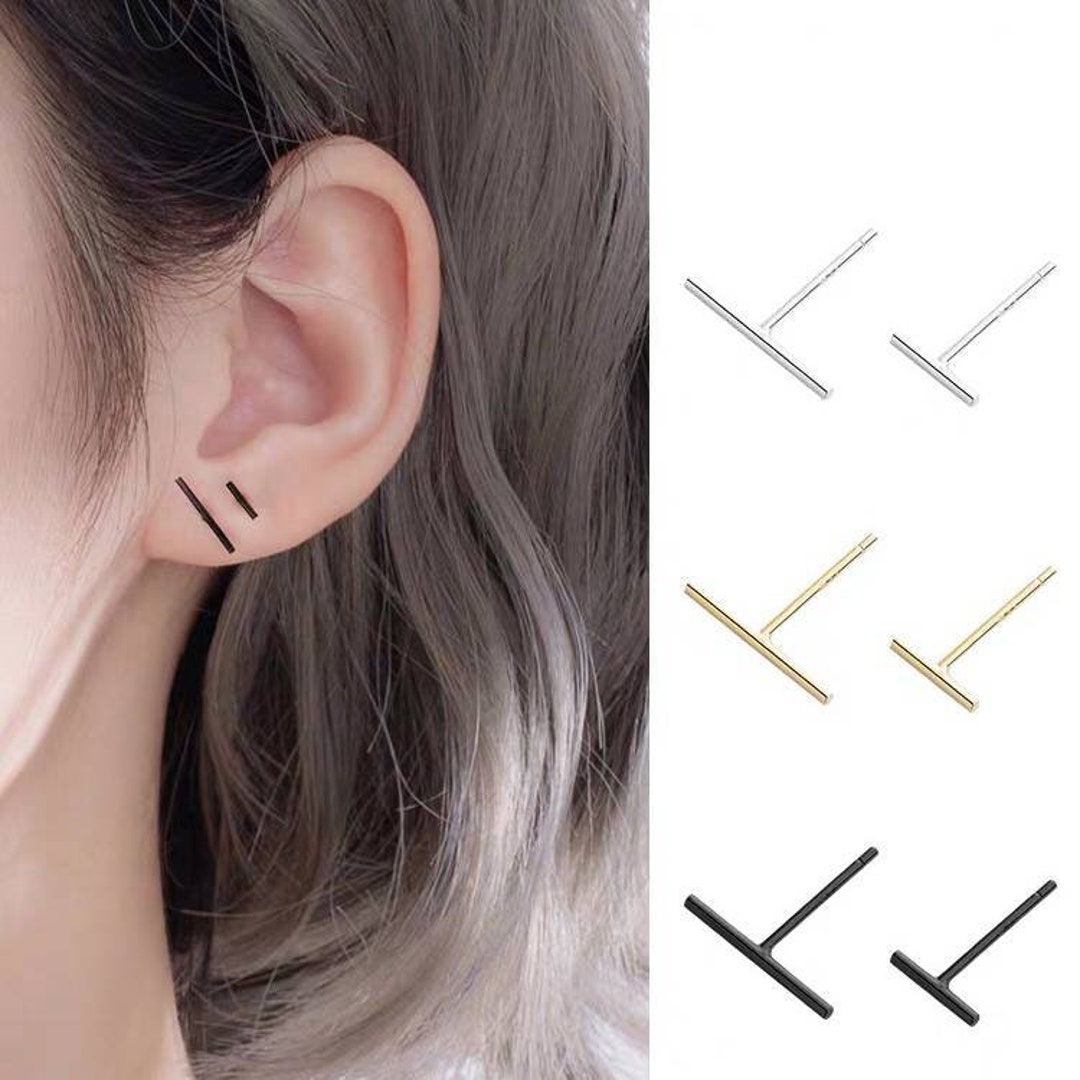 Thin Bar Stud Simple T Studs Round Bar Studs Black Bar Etsy