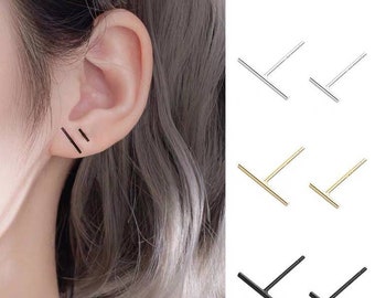 Thin Bar Stud, Simple T studs, Round Bar Studs, Black Bar Studs, Tiny Line Studs, S925 Sterling Silver Studs, 5A