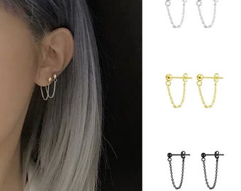 Gold Dangle Earring, Chain Loop Earrings, Sterling Silver Chain Earring, Black Dangle Earrings, Dainty Earring, 1B