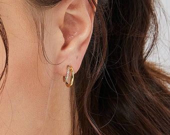 Double Gold Hoop, Simple Gold Hoop, Delicate Pave Gold Hoop, minimalist gold huggie earrings 5A