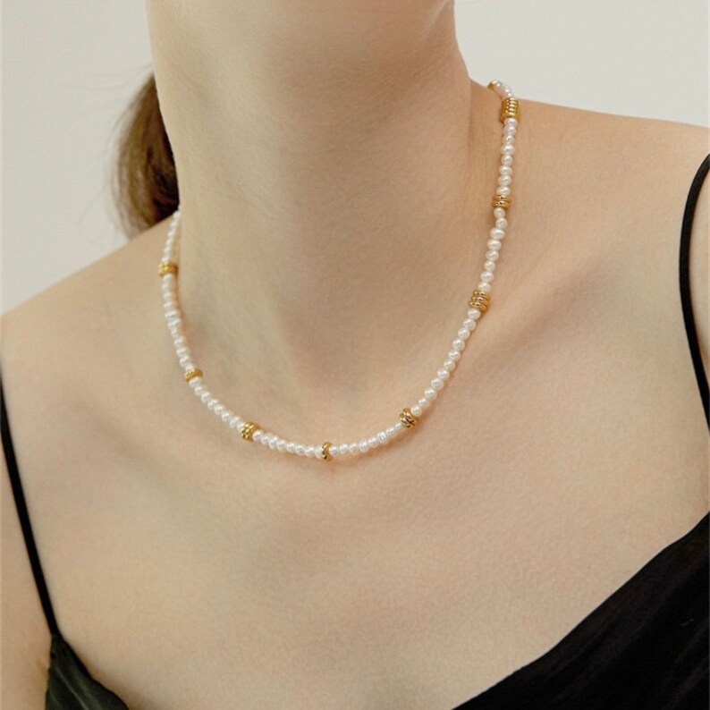 Delicate Freshwater Pearl Necklace, Pearl choker necklace, White Pearl Necklace , Modern Pearl Choker Necklace image 4