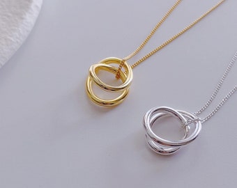 Twisted Circle 18K Gold Necklace, Double Circle circle Silver Necklace, 925 Sterling Silver Pendant Necklace, Minimalist Gold Necklace, 5B