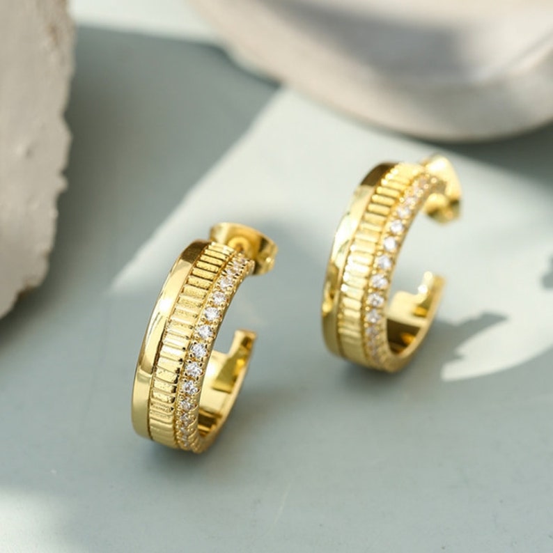 Dainty Double Layer Gold Hoop, Simple Gold Hoop, Delicate Pave Gold Hoop, Statement Earrings image 2