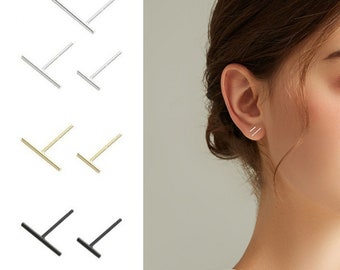 Thin Bar Stud Sterling Silver, Simple T studs, Gold Bar Studs, Black Bar Studs, Line Studs, S925 Sterling Silver Studs, 5A