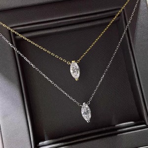 Delicate Marquise Moissanite Pendant Gold Necklace, Marquise Silver Necklace, Sparkling Moissanite Diamond Necklace, Bridal Jewellery, 5B