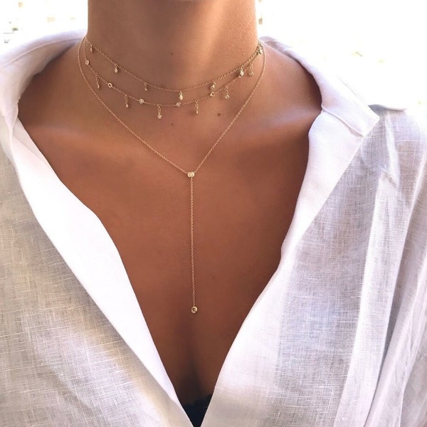 Sierlijke 14K gouden Lariat ketting, Y ketting sterling zilver met CZ steen, sierlijke lange gouden ketting, delicate bruidsketting