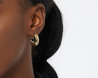 Dainty Double Layer Gold Hoop, Simple Gold Hoop, Delicate Pave Gold Hoop, Statement Earrings